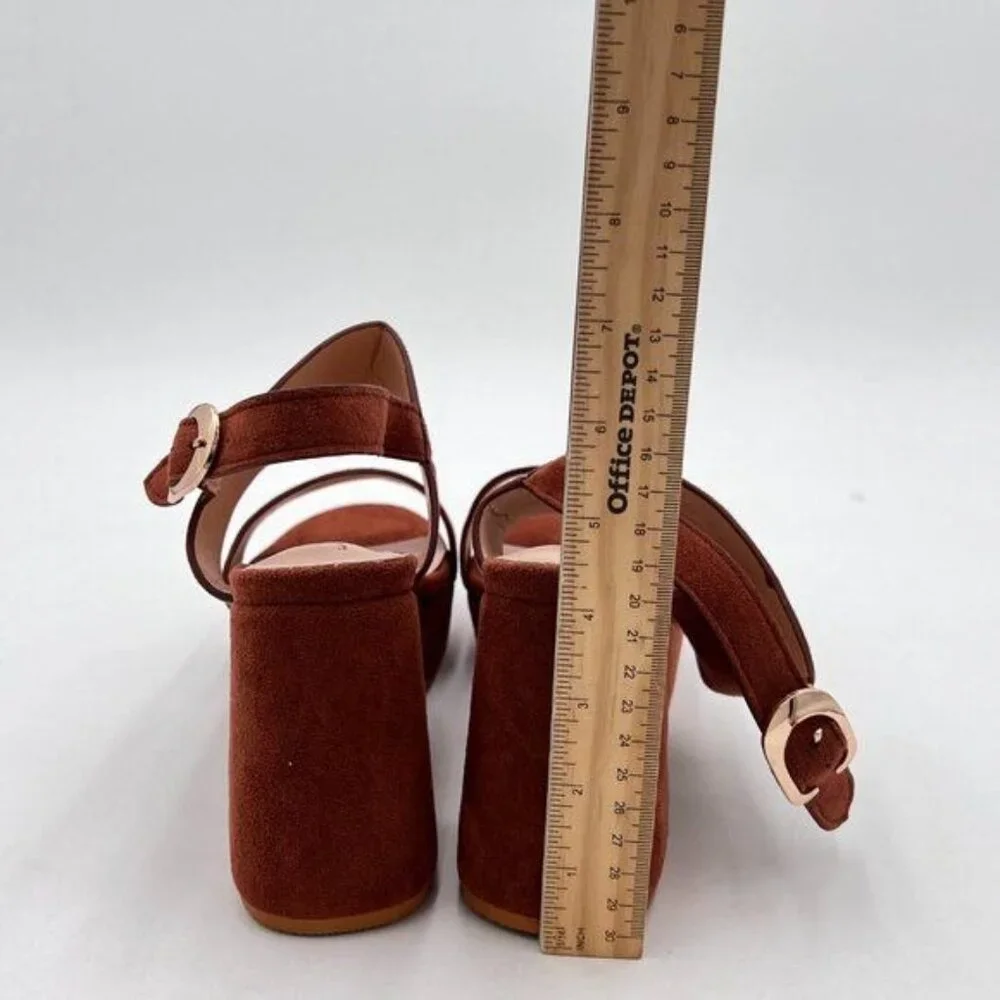 FOWT Brown Open Toe Platfrom Chunky Heel Slingbacks Buckle Wide Band Sandals - Picture 5 of 8